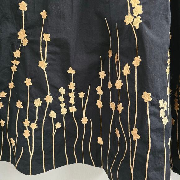 Black Gold Embroidered Midi Dress L 3/4 Sleeve Cotton Pockets Boho Elegant - Picture 3 of 11